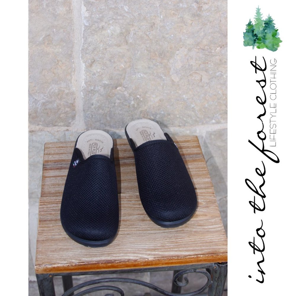 Fly Flot Italian Made Black Mules Slides Mesh Comfort Shoes Clogs Sz EU 40 / 9